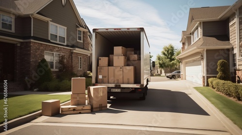 Moving Truck Loaded with Boxes in Suburban Home Driveway. Generative ai photo