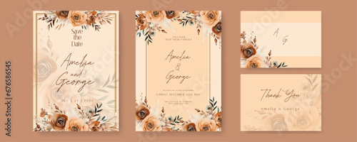 Brown and beige rustic rose wedding invitation card template with flower and floral watercolor texture vector