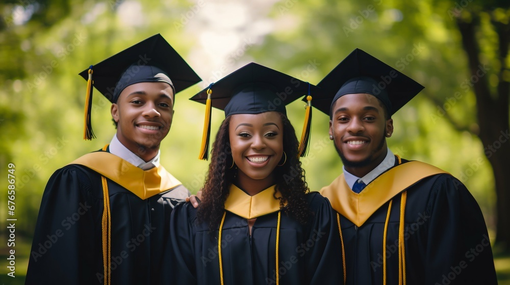 Smiling African American Graduates in Cap and Gown Outdoors. Generative ai Smiling African American Graduates in Cap and Gown Outdoors. Generative ai