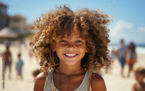 Portrait of Afro American child having fun on the beach during vacation time