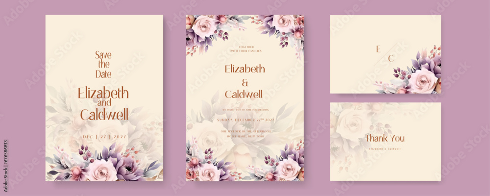 Beige and purple violet peony floral wedding invitation card template set with flowers frame decoration Beige and purple violet peony floral wedding invitation card template set with flowers frame decoration