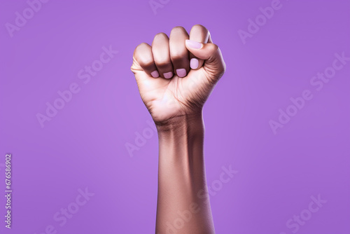 Raised purple fist of a woman for international women's day and the feminist movement