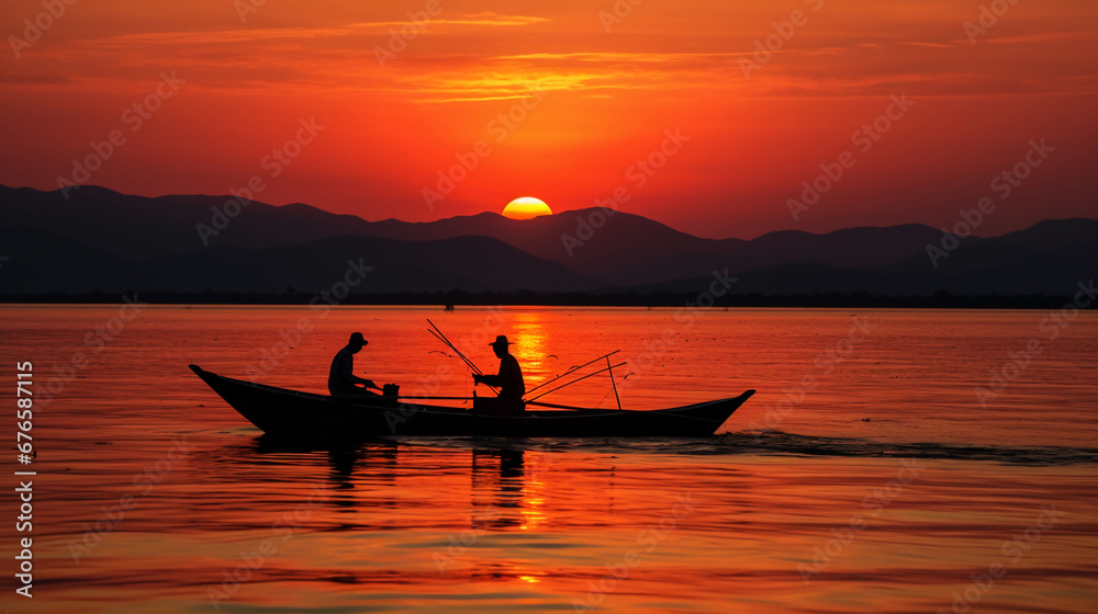 Rippled lake surface at sunset, vivid color gradient in sky, silhouettes of fishermen in boats, warm tones