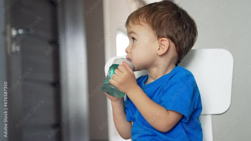 Adorable child drinking water from a bottle. Little kid sits on the chair and looks attentively aside. Blurred backdrop. Adorable child drinking water from a bottle. Little kid sits on the chair and looks attentively aside. Blurred backdrop.