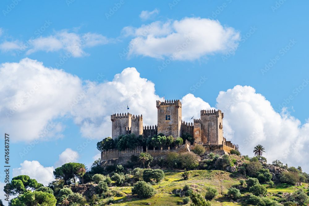 Almodovar del Río Castle in the province of Córdoba, Spain, located on Mount Redondo, one of the best preserved Andalusian fortresses today. - obrazy, fototapety, plakaty 