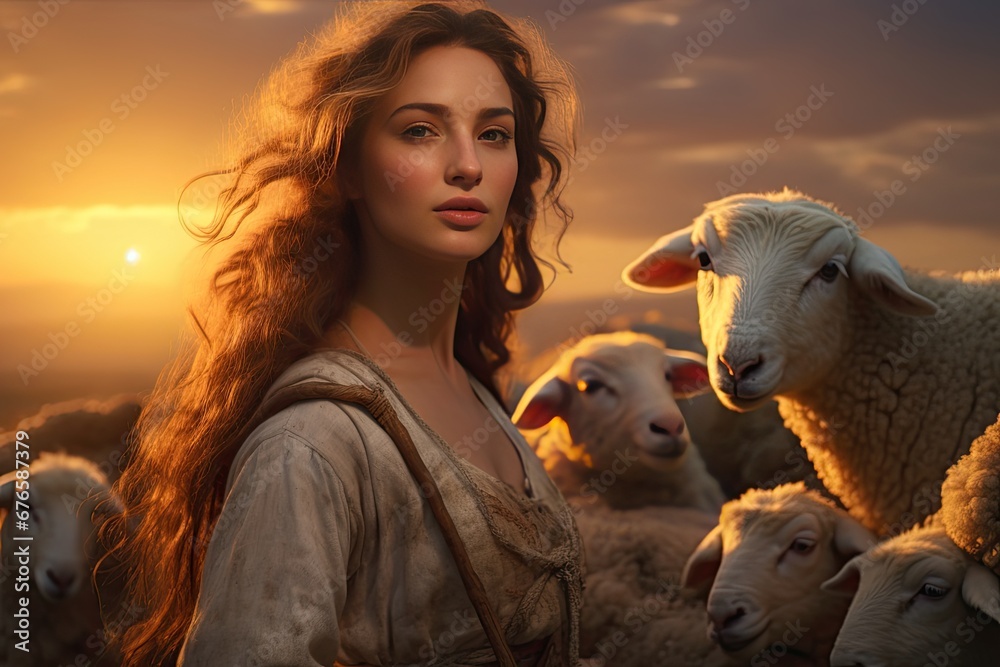 Shepherdess with sheep at sunset Shepherdess with sheep at sunset