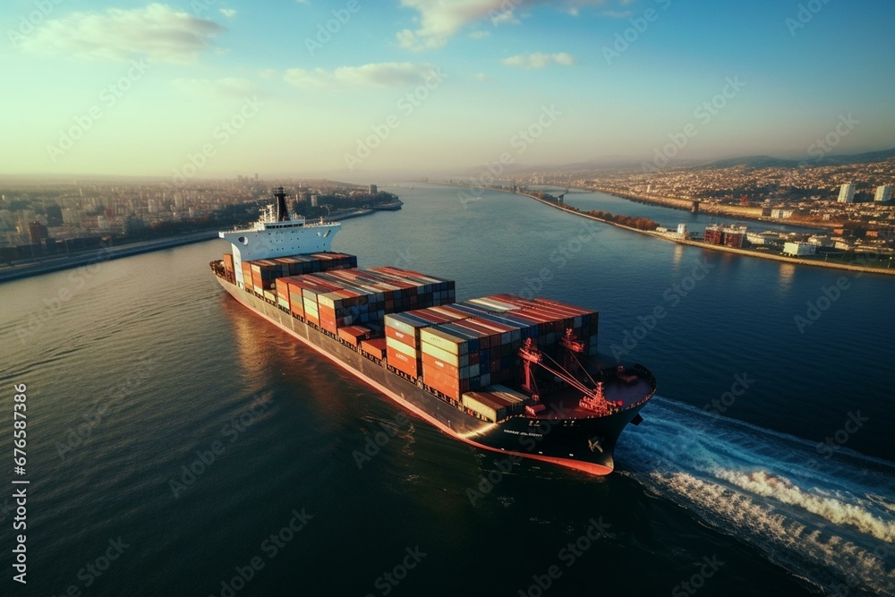 Bird's-eye view of massive car cargo ship sailing into Varna port. Generative AI