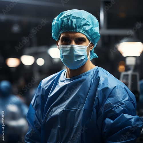 Male medical doctor surgeon. Sterile medical uniform with a mask on the face. A man in front of an operating room. Concept: healthcare, emergency assistance