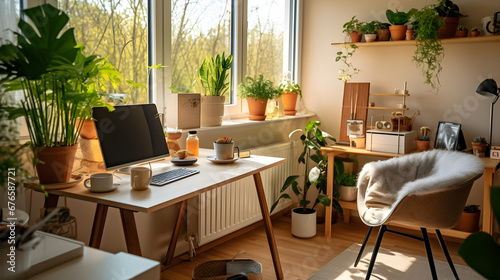 Wooden table and pouf on carpet in white living room interior with poster and workspace.