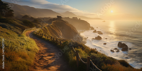 coastal hiking trail along the cliffs of Big Sur, ocean waves crashing below, golden sunset in the background