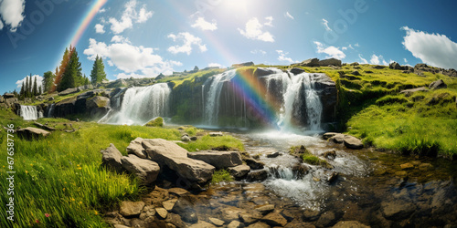 Angelic waterfall with a rainbow arc  set in a serene meadow  bright sunny day  soft focus for dreamy effect