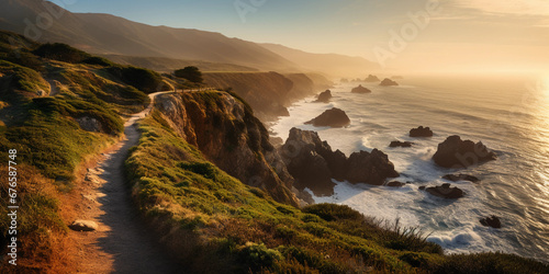 coastal hiking trail along the cliffs of Big Sur, ocean waves crashing below, golden sunset in the background