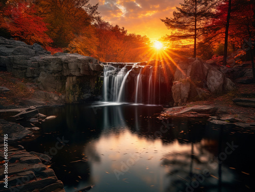 Double waterfall merging into a single pool  surrounded by autumn foliage