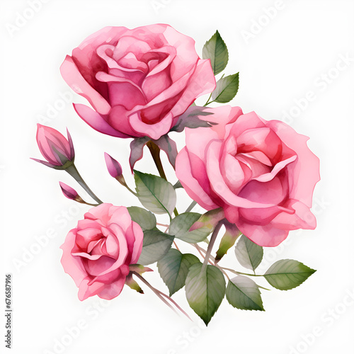 Set of pink roses  Watercolor pink roses  pink roses and leaves on white background.
