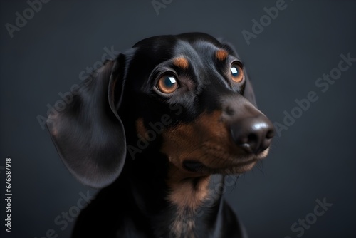 Studio portrait of black dachshund on dark background © Elena