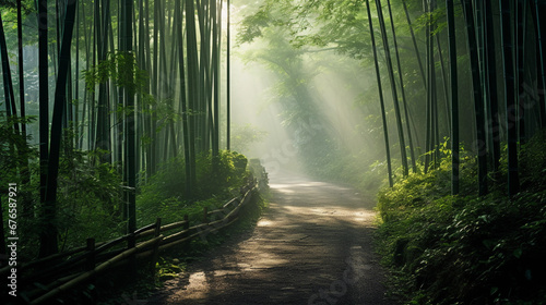 hiking trail through a bamboo forest in Japan, diffused, soft light creating a mystical atmosphere