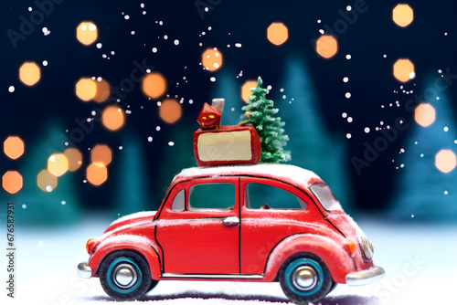 Red toy car with presents on christmas bokeh background