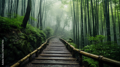 hiking trail through a bamboo forest in Japan, diffused, soft light creating a mystical atmosphere