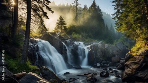 Pristine mountain waterfall cascading over jagged rocks, surrounded by lush evergreen trees, misty atmosphere