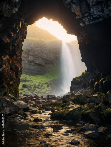 Waterfall framed by a natural rock arch  misty conditions  early morning light