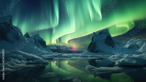 Tranquil Night Landscape with Aurora Reflection on Lake, Northern Lights