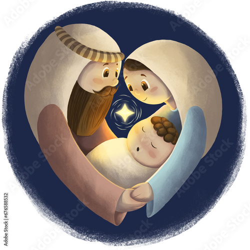 Ilustración tierna de Jose y Maria en forma de corazón mirando y cargando en brazos al niño Jesús con una estrella de belen en medio  y fondo azul oscuro, pesebre navideño, diciembre, santa familia photo