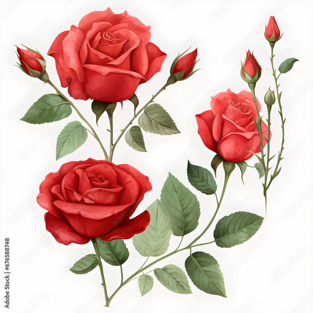 Set of red roses, Watercolor red roses, red roses and leaves on white background. Set of red roses, Watercolor red roses, red roses and leaves on white background.
