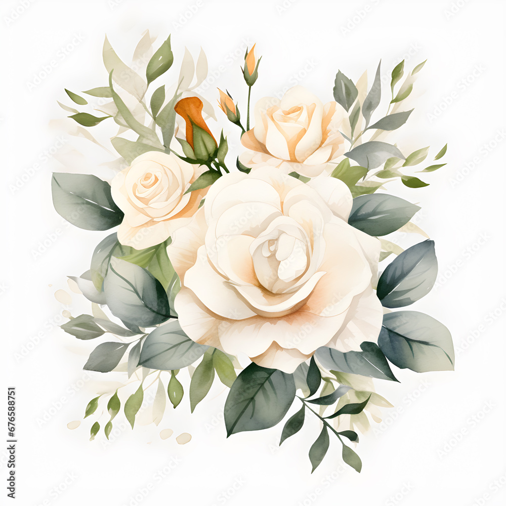 watercolor white roses on white background.