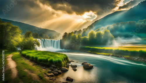 A dreamy landscape with a beautiful waterfall, filled with tranquility.