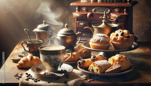 Cozy breakfast with a steaming cup of coffee in an antique cup and traditional pastries, set against a charming, blurred backdrop of a small, antique bar, evoking a warm, nostalgic feel.
 photo