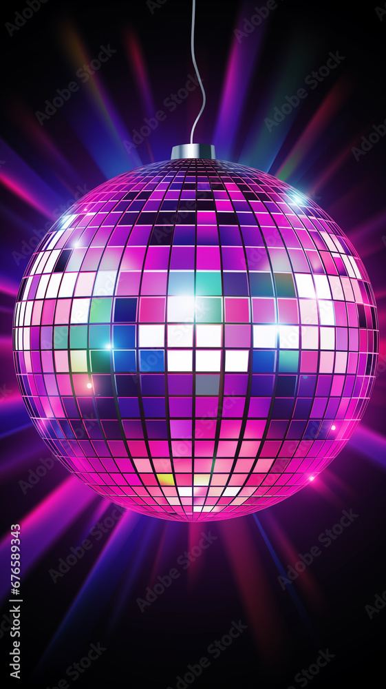 Obraz premium Discokugel mit bunten Discolichtern und Lichteffekten in Neonfarben und mit Platz für Text. Hochformat. Hochkant. Generative Ai.