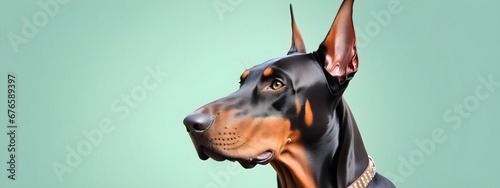 Studio portraits of a funny Doberman dog on a plain and colored background. Creative animal concept, dog on a uniform background for design and advertising.