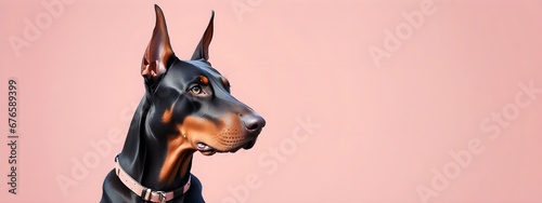 Studio portraits of a funny Doberman dog on a plain and colored background. Creative animal concept, dog on a uniform background for design and advertising.