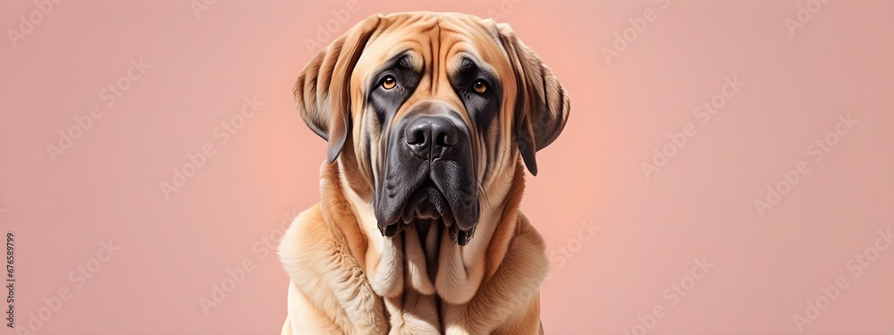 Studio portraits of a funny Spanish Mastiff dog on a plain and colored background. Creative animal concept, dog on a uniform background for design and advertising.