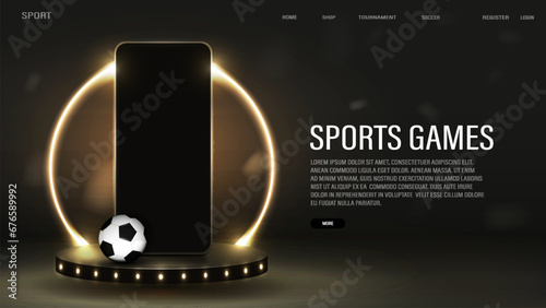 A web banner with a smartphone and a 3d soccer ball on a podium with burning lamps. A concept for sports betting.