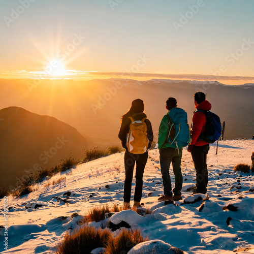 Tres excursionistas observando el amanecer en la cima de una montaña nevada