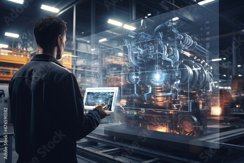 Man using a tablet in a factory, using technology to enhance processes - automation in the work place in a factory or industrial environment