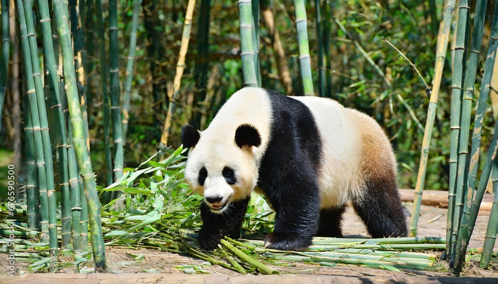 Fototapeta premium Curious panda bear foraging in a dense bamboo thicket, in its natural environment