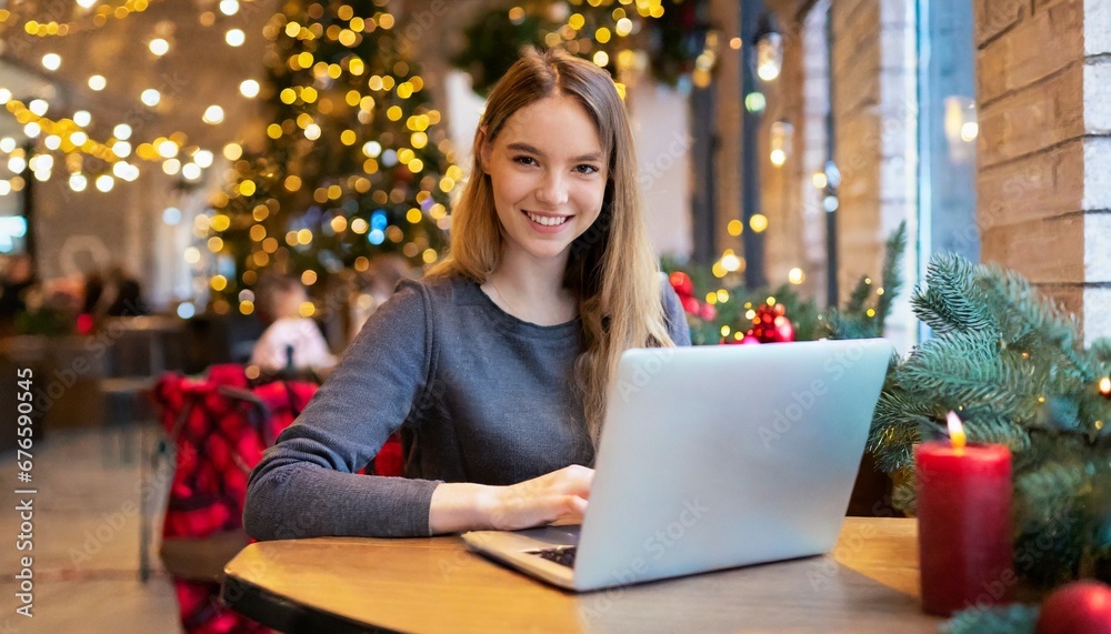  Smiling young woman working on a laptop in a cafe decorated for Christmas