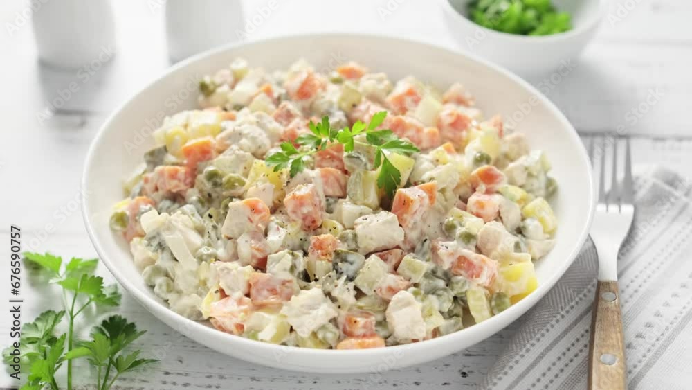 Olivier salad, russian creamy salad with boiled potato and carrot, chicken meat, pickled cucumber, green pea, onion and mayonnaise. Stock footage video 4k Olivier salad, russian creamy salad with boiled potato and carrot, chicken meat, pickled cucumber, green pea, onion and mayonnaise. Stock footage video 4k