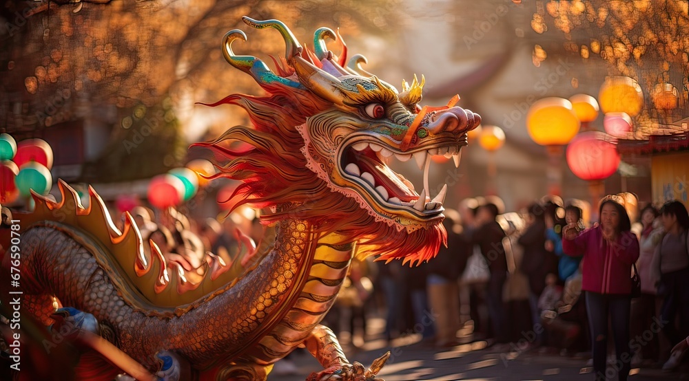 statue of a dragon in the street in commemoration of the chinese new year - obrazy, fototapety, plakaty 