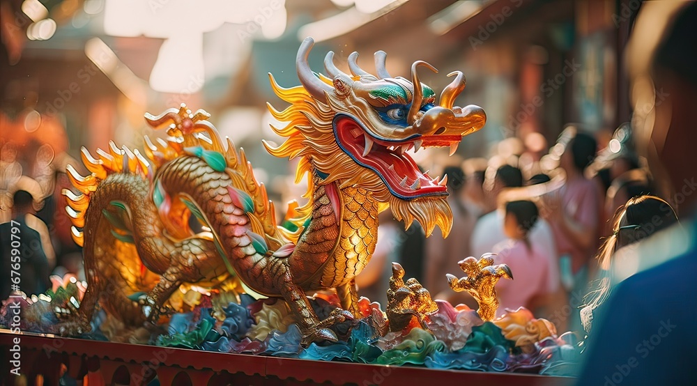 Fototapeta premium statue of a dragon among the crowd in the street in commemoration of the Chinese new year