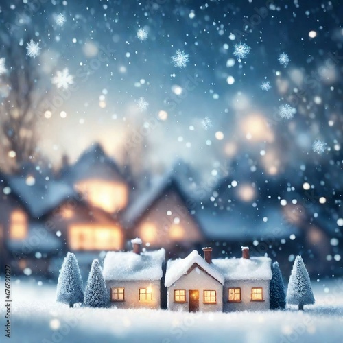 Frosty winter wonderland with snowfall, houses, and trees. on defocused lights Christmas background with bokeh lights and stars.background