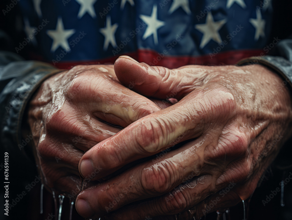 Fototapeta premium American Flag in Weathered Hands with Raindrops