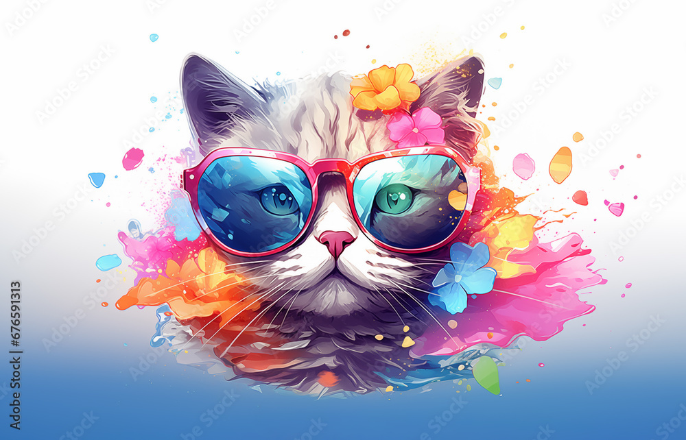 Cat in sunglasses with colorful watercolor flowers and paint splashes