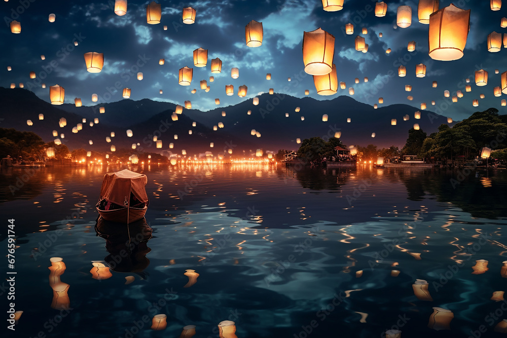 Lanterns float on the lake at night