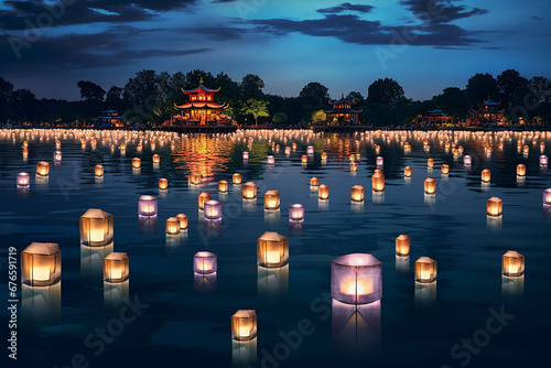 Lanterns float on the lake at night