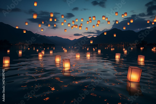 Lanterns float on the lake at night photo