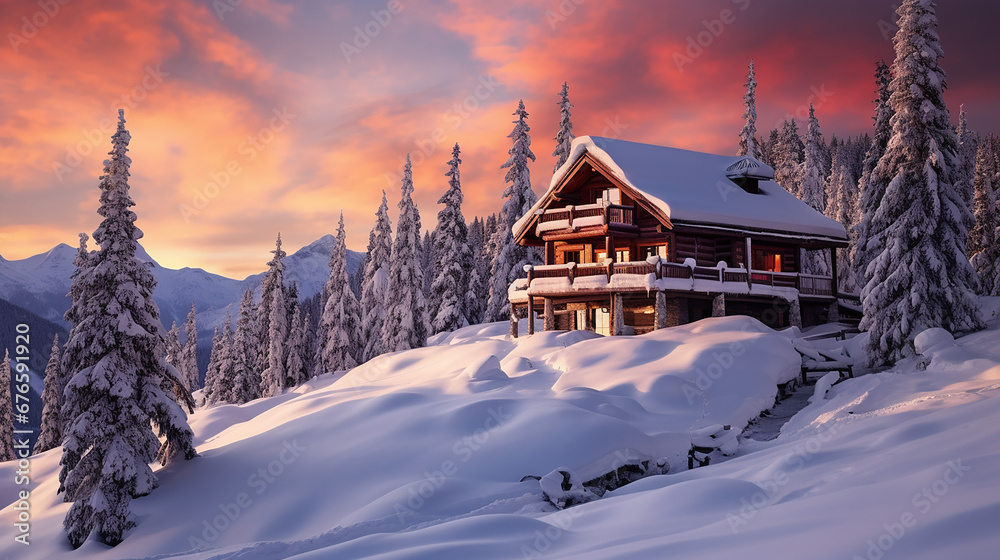 Fototapeta premium Mountein log cabin in winter