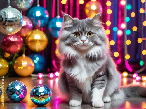 Long haired gray and white cat is sitting beside colorful disco balls with fun background